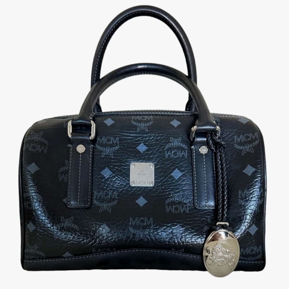 MCM Visetos Boston Black Leather Purse Handbag with Dust Bag & Hang Tag LIKE NEW